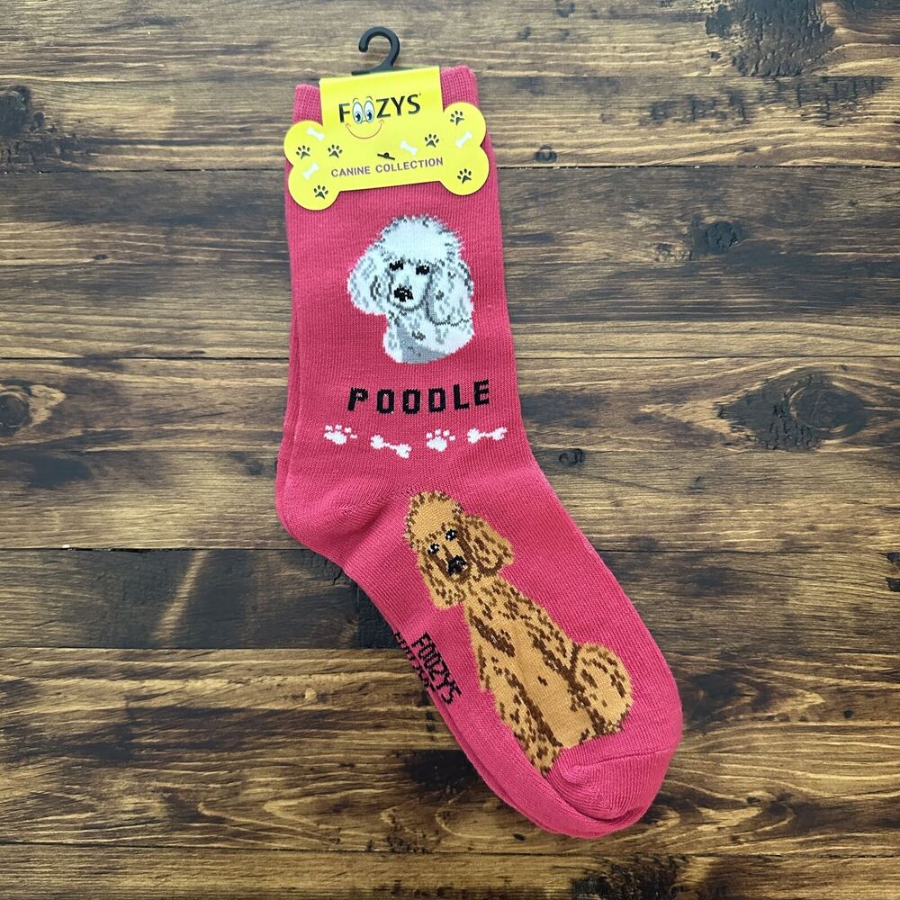 Foozys White Brown Poodle Print Crew Socks Pink Women's One Size